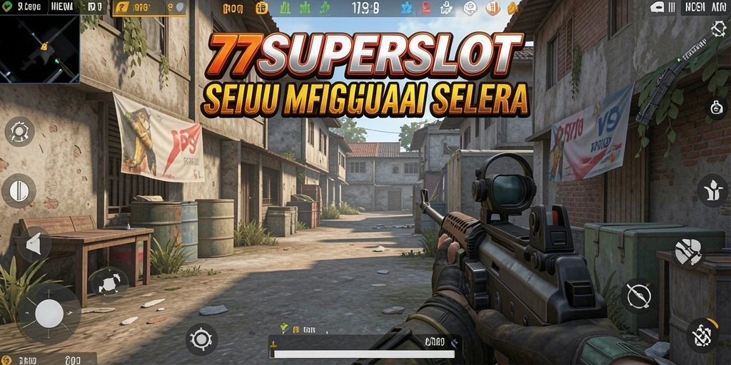 Screenshot gameplay 77SUPERSLOT dengan aksi menegangkan dalam pertempuran FPS.